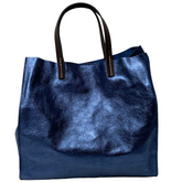 Stella - Leather  Metallic Handbag with Pouch - Navy